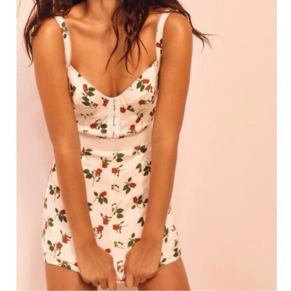 For Love And Lemons Love Song Dress Corset White Red Satin Stretch Roses XS